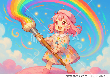 幻想插畫：一個粉紅色頭髮的女孩用一把巨大的畫筆畫彩虹 129050748