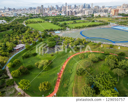 Aerial view of Taichung Central Park's sports court and cityscape Aerial view of Taichung Central Park's sports court and cityscape 129050757