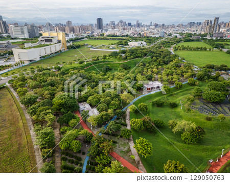 Aerial view of Taichung Central Park in Taiwan, a vast green space spread across the former site of an airfield 129050763