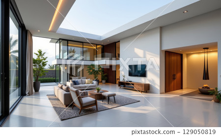 Modern living room with large windows and natural light, featuring comfortable sofa, armchair, wooden furniture, and indoor plants creating cozy 129050819