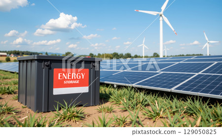 Energy storage container near solar panel and wind turbine in green field under blue sky with clouds 129050825