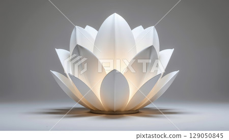 White lotus shaped lamp glowing softly with translucent petal design on neutral background creating calm ambiance White lotus shaped lamp glowing softly with translucent petal design on neutral background creating calm ambiance 129050845