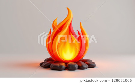 Cartoon flame fire icon with bright orange and yellow colors surrounded by dark stones on light background, glowing warmly Cartoon flame fire icon with bright orange and yellow colors surrounded by dark stones on light background, glowing warmly 129051066