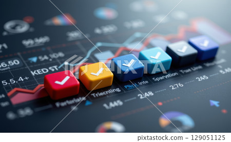 Progress bar with colorful checkmark cubes on financial data background showing success and achievement 129051125