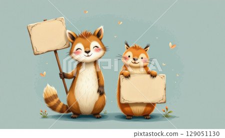 Cute animal duo illustration holding blank signs with butterflies and flowers, smiling and cheerful woodland creatures 129051130