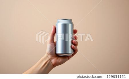 Cylindrical aluminum can held in hand with neutral background, showcasing clean and simple beverage container design 129051131