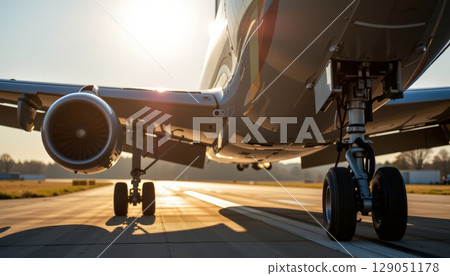 Commercial airplane landing gear and engine closeup on runway with sunlight 129051178