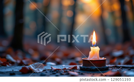 Burning candle with soft flame on ground surrounded by dry leaves in blurred forest creating peaceful mood Burning candle with soft flame on ground surrounded by dry leaves in blurred forest creating peaceful mood 129051193