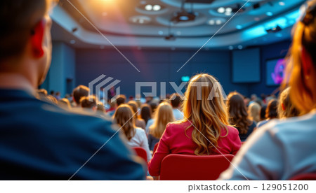 Conference audience listening to speaker in modern auditorium with bright lighting and focused atmosphere Conference audience listening to speaker in modern auditorium with bright lighting and focused atmosphere 129051200