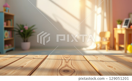 Wooden table top with warm sunlight in cozy room background, soft shadows create calm and inviting atmosphere Wooden table top with warm sunlight in cozy room background, soft shadows create calm and inviting atmosphere 129051201