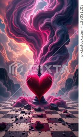 Cosmic battlefield with heart shaped glowing smoke rising from chess king piece on rocky checkered ground Cosmic battlefield with heart shaped glowing smoke rising from chess king piece on rocky checkered ground 129051205
