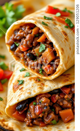 Crispy tortilla burrito filled with seasoned ground meat, black beans, diced vegetables, and fresh herbs, delicious and hearty Crispy tortilla burrito filled with seasoned ground meat, black beans, diced vegetables, and fresh herbs, delicious and hearty 129051206