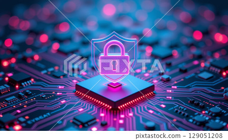 Cybersecurity concept with glowing lock and shield symbol above microchip on circuit board with neon lights Cybersecurity concept with glowing lock and shield symbol above microchip on circuit board with neon lights 129051208