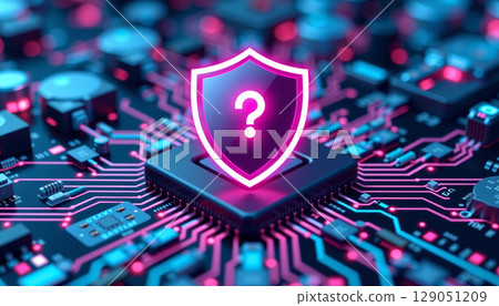 Cybersecurity shield with question mark above microchip on circuit board glowing in blue and pink light Cybersecurity shield with question mark above microchip on circuit board glowing in blue and pink light 129051209