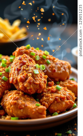 Hot and crunchy fried chicken wings garnished with chopped green onion served plate with steam rising, showing fresh Hot and crunchy fried chicken wings garnished with chopped green onion served plate with steam rising, showing fresh 129051235