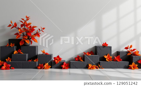 Dark blocks with vibrant orange leaves create warm and artistic display under soft natural light in minimalist setting Dark blocks with vibrant orange leaves create warm and artistic display under soft natural light in minimalist setting 129051242