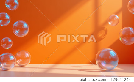 Transparent bubbles floating in warm sunlight with soft shadows on smooth surface, creating calm and bright atmosphere Transparent bubbles floating in warm sunlight with soft shadows on smooth surface, creating calm and bright atmosphere 129051244