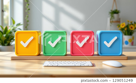 Colorful blocks with check marks on wooden desk near keyboard and mouse in bright room with plants and flowers 129051249