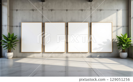 Four blank vertical frames hang on concrete wall in bright modern gallery with sunlight and green potted plants on each side Four blank vertical frames hang on concrete wall in bright modern gallery with sunlight and green potted plants on each side 129051256