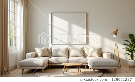 Modern living room with beige sofa and natural light from window creating warm cozy atmosphere Modern living room with beige sofa and natural light from window creating warm cozy atmosphere 129051257