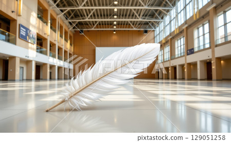 White feather lying on shiny floor inside spacious modern hall with high ceiling and large windows White feather lying on shiny floor inside spacious modern hall with high ceiling and large windows 129051258