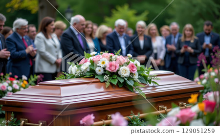 Funeral ceremony with wooden coffin and floral arrangement, mourners gathered outdoors showing respect and sadness 129051259
