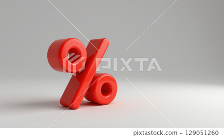 Red percent sign symbol with smooth surface on white background, bright and clean design with soft shadow and space for text 129051260