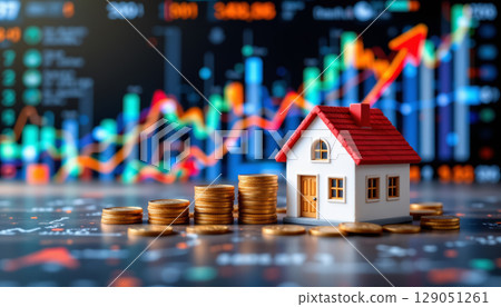 Real estate investment concept with small house model and stacked gold coins showing financial growth and success in property market Real estate investment concept with small house model and stacked gold coins showing financial growth and success in property market 129051261