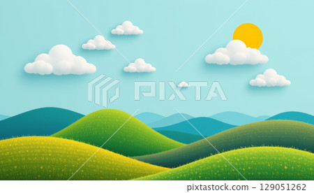 Simple playful countryside with fluffy clouds and rolling green hills under bright sun on clear blue sky Simple playful countryside with fluffy clouds and rolling green hills under bright sun on clear blue sky 129051262