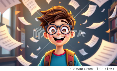 Smiling cartoon student with glasses and backpack surrounded by flying papers in bright classroom, expressing excitement and joy 129051263