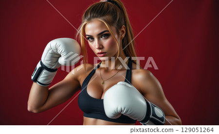 Strong female athlete posing confidently with white boxing gloves and black sports bra against red background 129051264