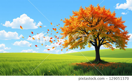 Autumn tree with bright orange leaves blowing in wind over green grass field under blue sky with white clouds 129051370