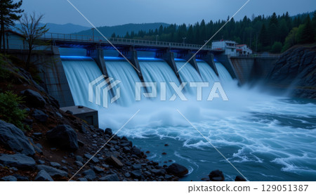 Hydroelectric dam with flowing water and mist in forested mountain area during twilight Hydroelectric dam with flowing water and mist in forested mountain area during twilight 129051387