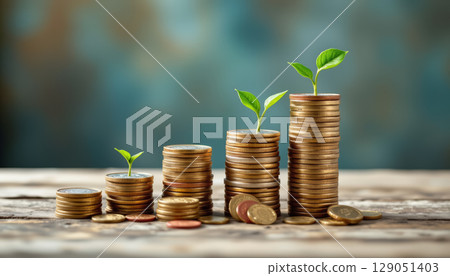 Wealth accumulation metaphor with stacks of coins growing taller and small green plants sprouting top, symbolizing financial 129051403