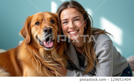 Smiling woman with golden retriever dog showing happy bond and affection indoors with natural light 129051404