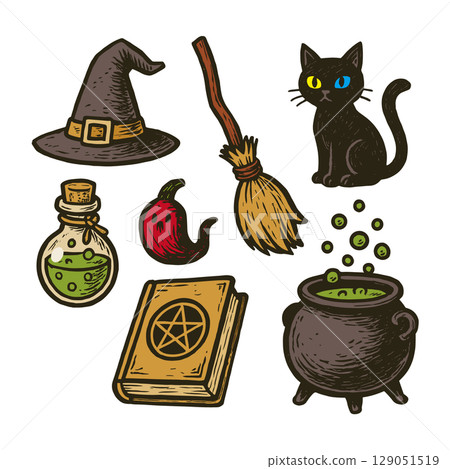 Hand-drawn witch goods/Halloween material set (hat, broom, black cat, medicine bottle, spell book, pot) 129051519