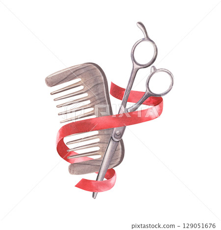 Barber scissors, wooden comb and red ribbon. Hand-drawn haircut tools, artisan equipment isolated on white background. Ideal for barbershop, hairdressing salon logos, labels, emblems, grooming designs 129051676