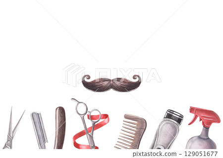 Barber tools boarder with space for text. Hand-drawn illustration of scissors, razor, ribbon, comb, trimmer, spray bottle isolated on white background. Ideal for branding, signage, or packaging design 129051677