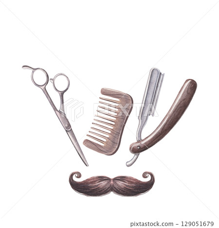 Handlebar moustache, vintage scissors, comb, and straight razor, space for text. Hand-drawn clipart isolated on white background. Ideal for barbershop labels, signage, retro grooming-themed designs Handlebar moustache, vintage scissors, comb, and straight razor, space for text. Hand-drawn clipart isolated on white background. Ideal for barbershop labels, signage, retro grooming-themed designs 129051679