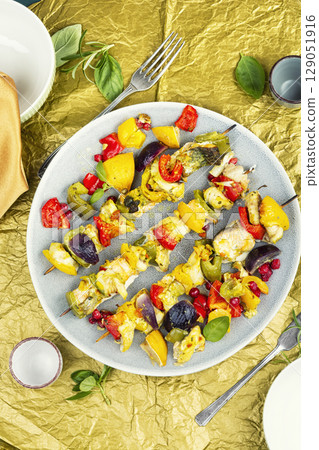 Kebab with fish and vegetables. Kebab with fish and vegetables. 129051916