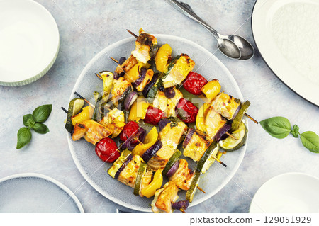 Grilled fish on skewers, food photography. Grilled fish on skewers, food photography. 129051929