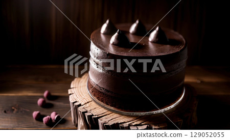 Dark Chocolate Fudge Cake with Raspberries on Wooden Background 129052055