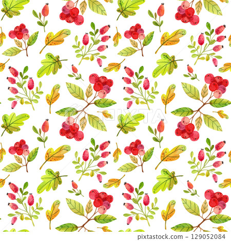Seamless pattern with watercolor autumn leaves and berries on a white background. Hand drawn illustration for your design, print, textile Seamless pattern with watercolor autumn leaves and berries on a white background. Hand drawn illustration for your design, print, textile 129052084