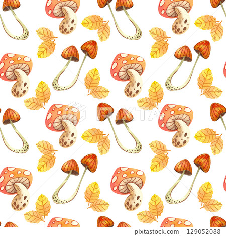 Seamless pattern with autumn leaves and mushrooms. Hand drawn watercolor illustration of plants for your design, print, textile Seamless pattern with autumn leaves and mushrooms. Hand drawn watercolor illustration of plants for your design, print, textile 129052088