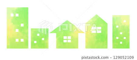 水彩風格黃綠色城市景觀插畫 129052109