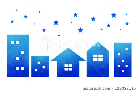 水彩風格藍色城市景觀和閃爍的星星插圖 129052110