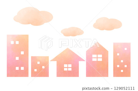 Watercolor style pink-orange cityscape and fluffy clouds illustration 129052111