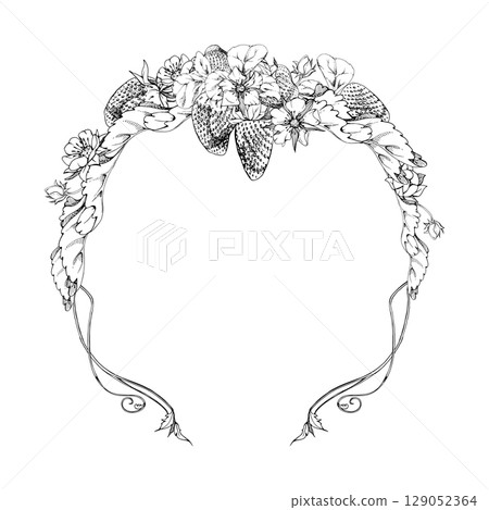 Strawberry growing with leaves flowers vines tendrils wreath, ripe garden berry pineberry strasberry. Isolated hand drawn vector ink crown garland frame. Farmers market, wedding menu, food packaging 129052364