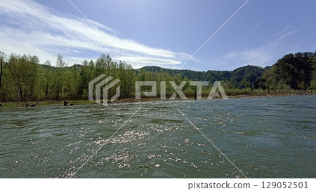 Idyllic River Landscape with Lush Green Forest and Rocky Cliff in Summer Season Day Light Idyllic River Landscape with Lush Green Forest and Rocky Cliff in Summer Season Day Light 129052501