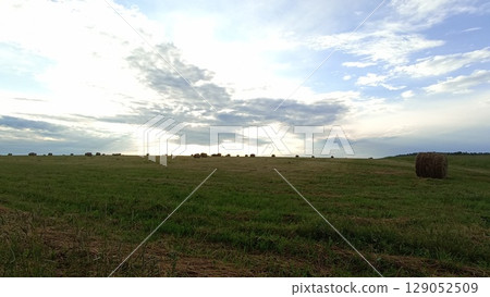 Picturesque Hay Bale Landscape Under Cloudy Sky, Rural Charm and Agricultural Beauty in Countryside 129052509